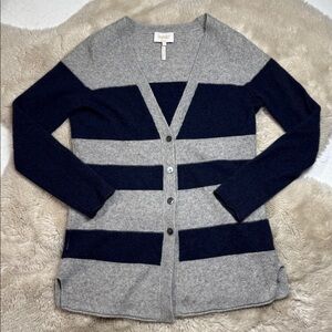 Laundry Cashmere Shelli Segal Cardigan Buttons Stripes Gray Blue Large